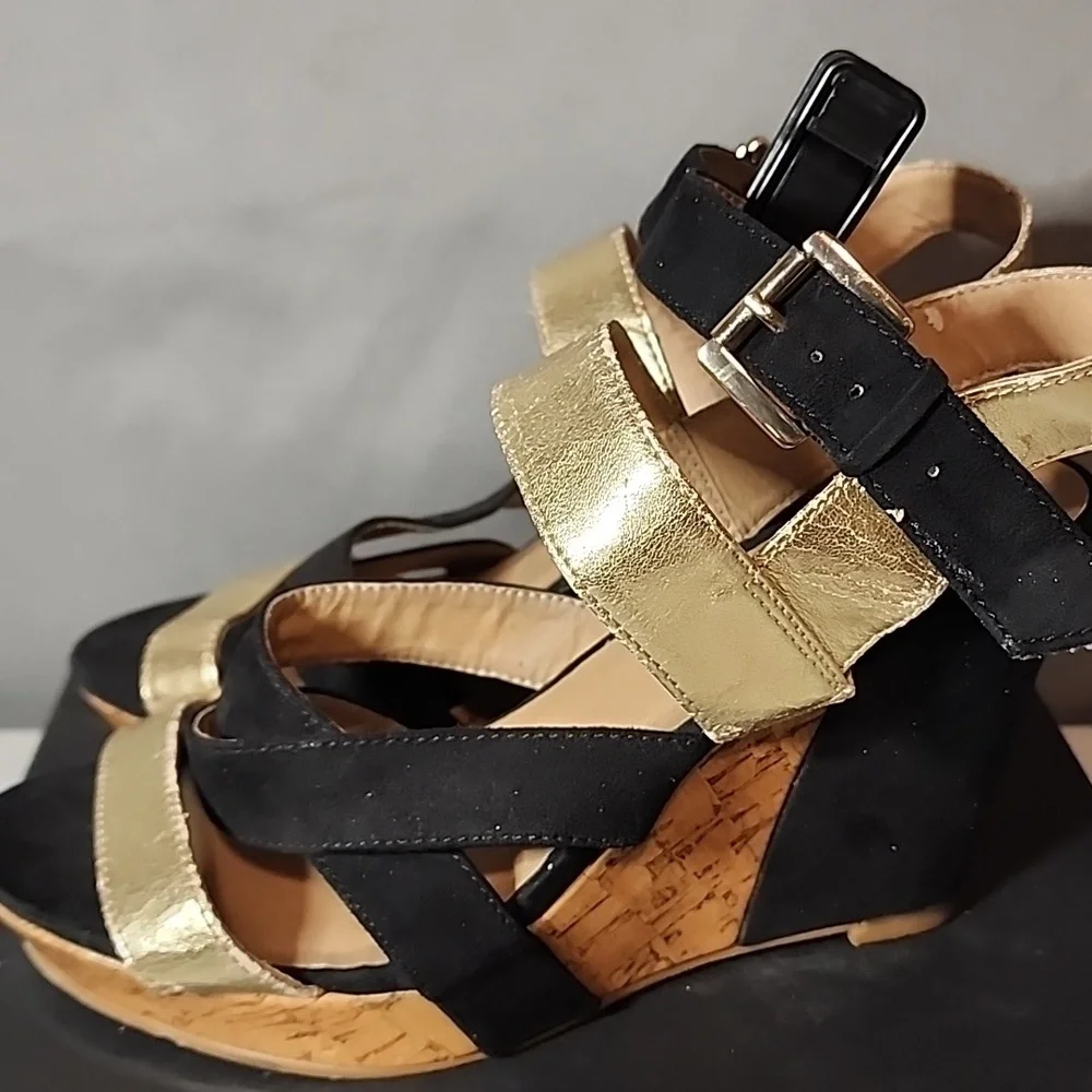 Elegant Black and Gold Women's Wedge Sandals